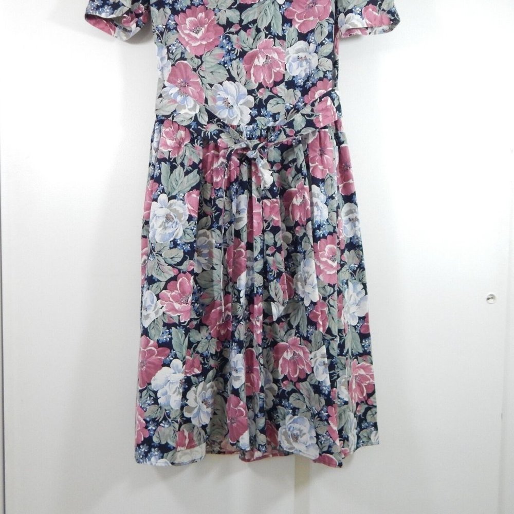 vintage 80s PRAIRIE DRESS COTTAGECORE floral pearl buttons midi puffy shoulder M - Picture 5 of 7